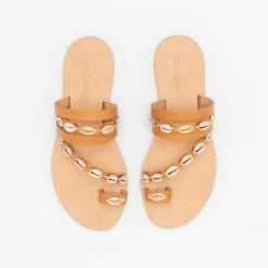 Flash Sale ✔️ Τοπ 10 💯 The Fashion Project Σανδάλια δερμάτινα με κοχύλια - Ταμπά 🧨 😉