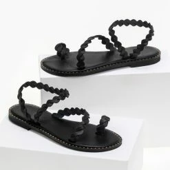 Ολοκαίνουργιο 🛒 Προώθηση 👍 IRIS Πέδιλα ίσια δερμάτινα με περαστό λουράκι - Μαύρο 🔔 😍