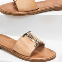 Κουπόνι 🌟 Φτηνός 👏 IRIS Πέδιλα δερμάτινα με λεπτομέρεια διαφάνεια - Φυσικό 😀 ✔️