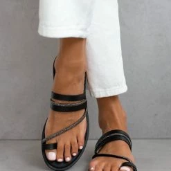 Flash Sale ⌛ Εξοδος ⌛ The Fashion Project Σανδάλια δερμάτινα Estil με Strass και λουράκια - Μαύρο 👍 ⌛