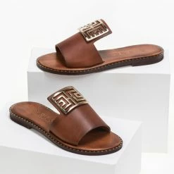 Εξοδος ⭐ Flash Sale 😉 IRIS Σανδάλια δερμάτινα με τετράγωνη αγκράφα - Καφέ 🌟 ✔️