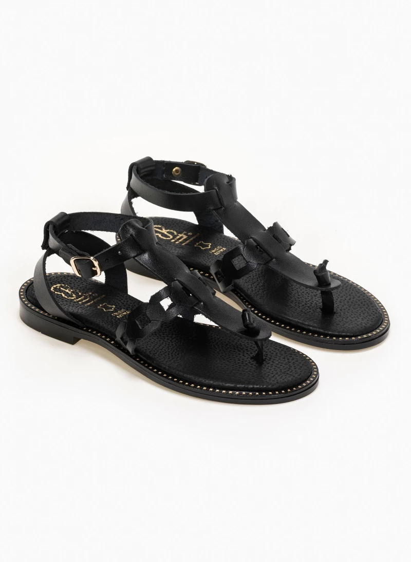 Ολοκαίνουργιο 💯 Προϋπολογισμός 💯 Πέδιλα δερμάτινα Estil Flat - Μαύρο 🛒 ✨