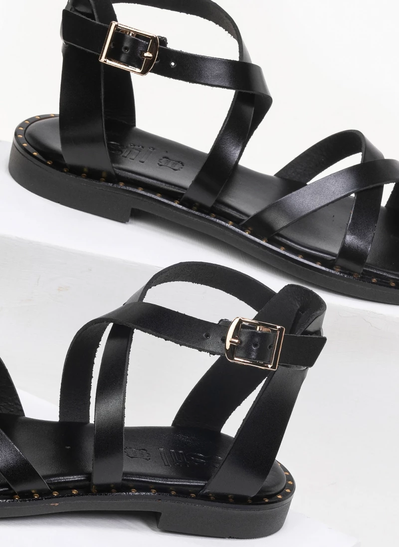 Φτηνός 😀 Τοπ 10 👍 Πέδιλα δερμάτινα Tfp φλατ με δέσιμο στο πλάι - Μαύρο 👏 🛒 - Image 5