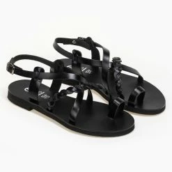 Φτηνός ❤️ Εκπτωση 😍 Πέδιλα δερμάτινα φλατ Estil με λεπτά λουράκια - Μαύρο 👏 🎉