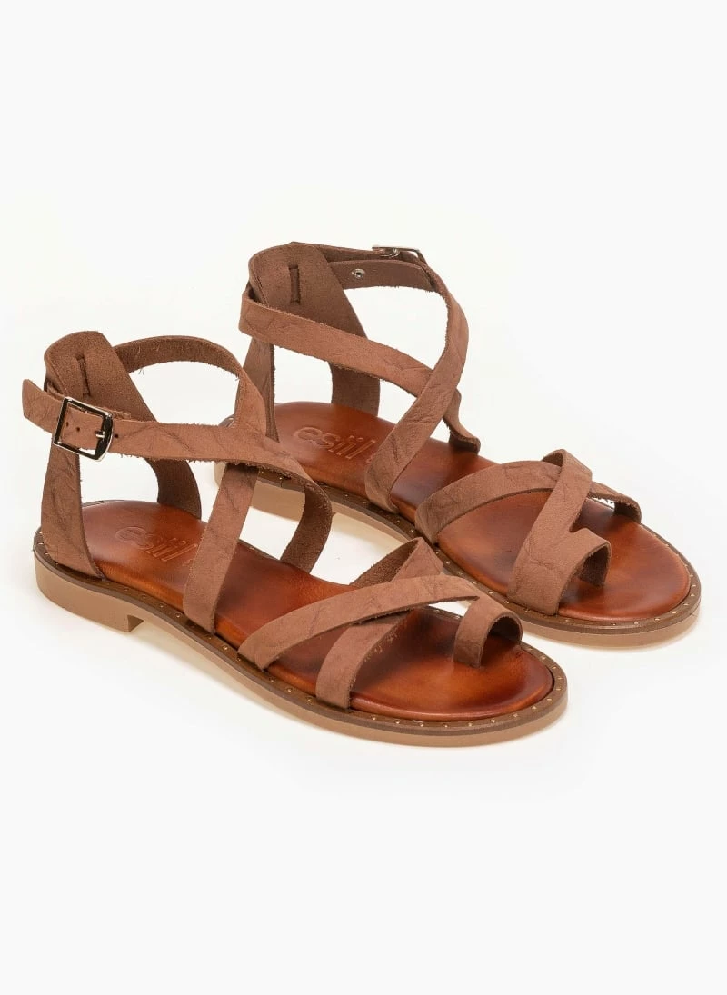 Best Pirce ⭐ Ολοκαίνουργιο ❤️ Πέδιλα δερμάτινα Estil φλατ με χιαστί λουράκια - Ταμπά 👏 🤩 - Image 5