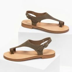 Αγορά ✨ Προώθηση 🥰 Πέδιλα Estil δερμάτινα ίσια - Χακί 🔥 ⌛