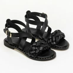 Το φθηνότερο 🎁 Ολοκαίνουργιο 🥰 Πέδιλα Estil δερμάτινα με πλεκτή φάσα - Μαύρο 💯 😍