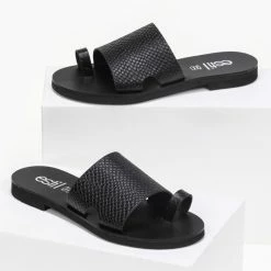 Προώθηση ✨ Πολύ καλή προσφορά 👏 Σανδάλια δερμάτινα Estil με ανάγλυφο Snakeprint - Μαύρο ⌛ 🥰