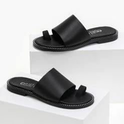 Νέος 🔥 Προϋπολογισμός 🌟 Σανδάλια δερμάτινα Estil με φαρδιά φάσα - Μαύρο 🤩 🛒