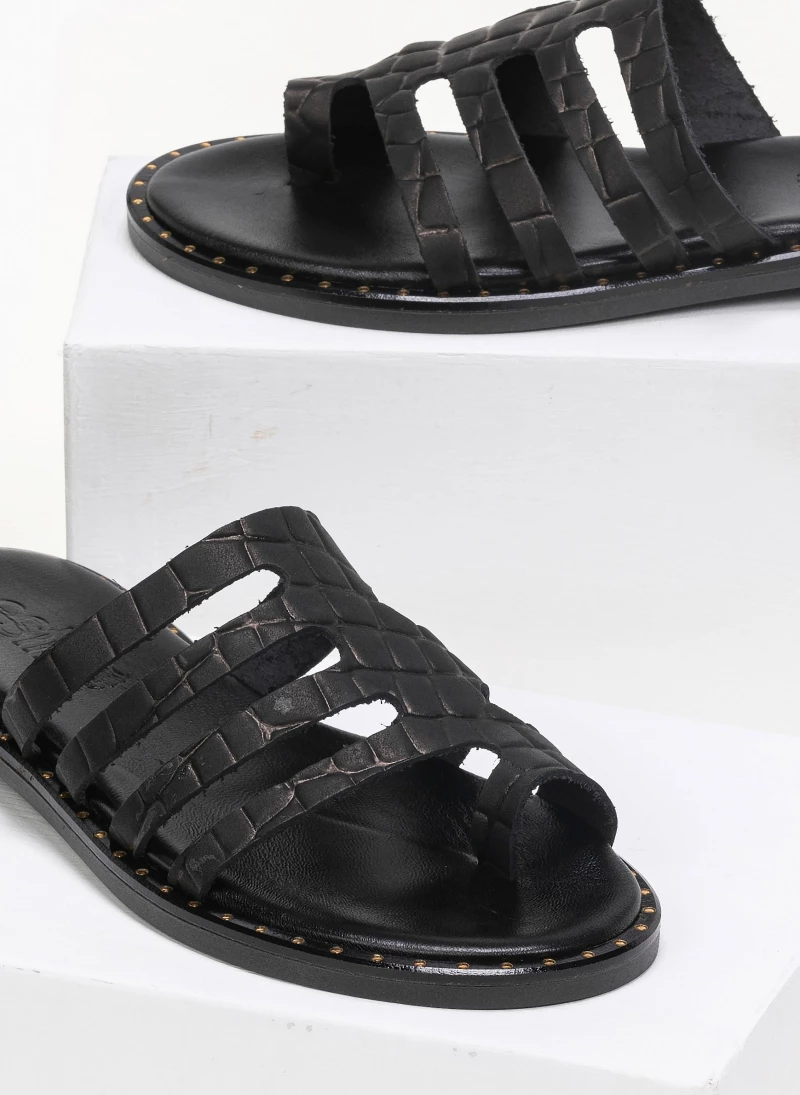 Κουπόνι 🧨 Το φθηνότερο 🔥 Estil δερμάτινα σανδάλια με Pattern κροκό - Μαύρο ⌛ 😍 - Image 3