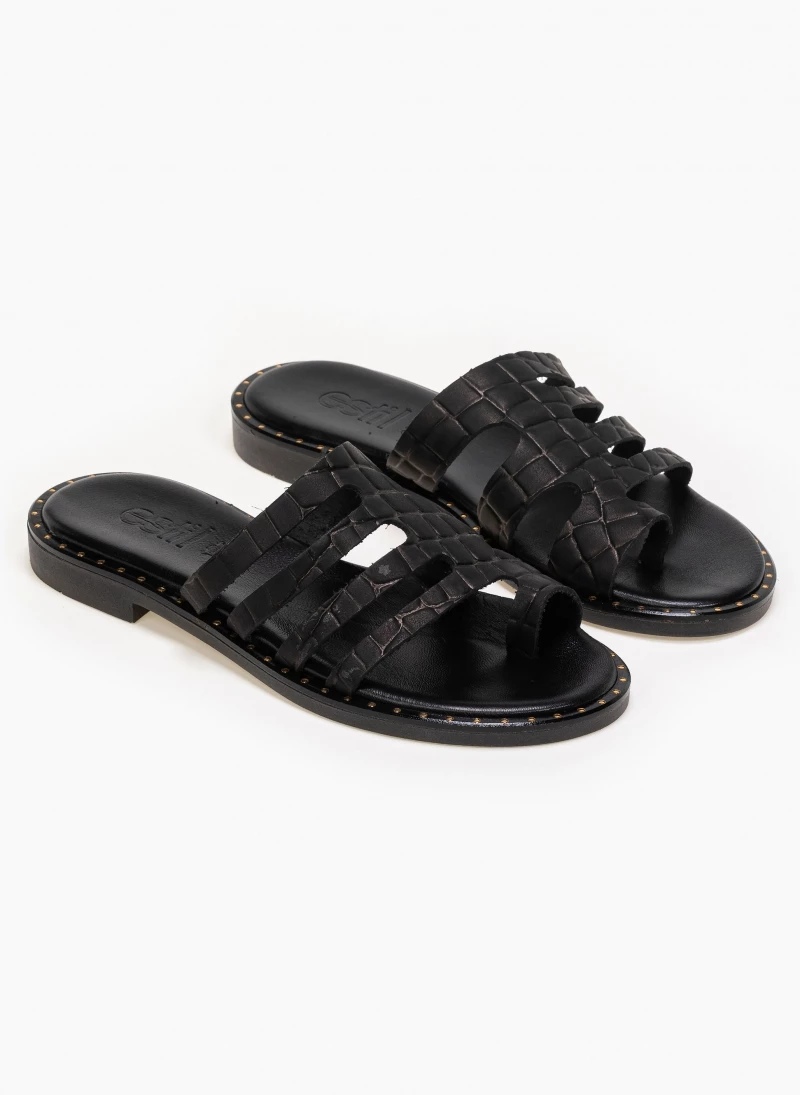 Κουπόνι 🧨 Το φθηνότερο 🔥 Estil δερμάτινα σανδάλια με Pattern κροκό - Μαύρο ⌛ 😍