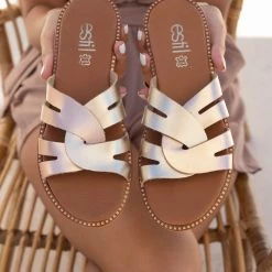 Νέος ⌛ Πολύ καλή προσφορά 🎉 Σανδάλια δερμάτινα Estil με περαστές φάσες - Χρυσό ⌛ 🎉