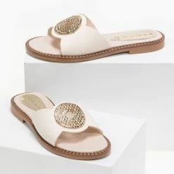 Ολοκαίνουργιο 🎉 Flash Sale ❤️ Σανδάλια δερμάτινα Estil με στρογγυλό διακοσμητικό - Ζαχαρί 👏 🔥