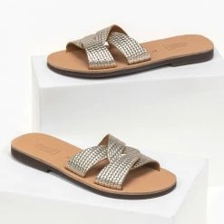 Το φθηνότερο 🤩 Φτηνός 🔔 Σανδάλια Estil δερμάτινα με σχέδιο ψάθα - Χρυσό 🎁 ✨