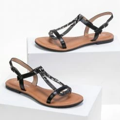 Φτηνός 😉 Προϋπολογισμός 🔥 The Fashion Project Πέδιλα Flat με σχέδιο φίδι - Μαύρο 🛒 ❤️