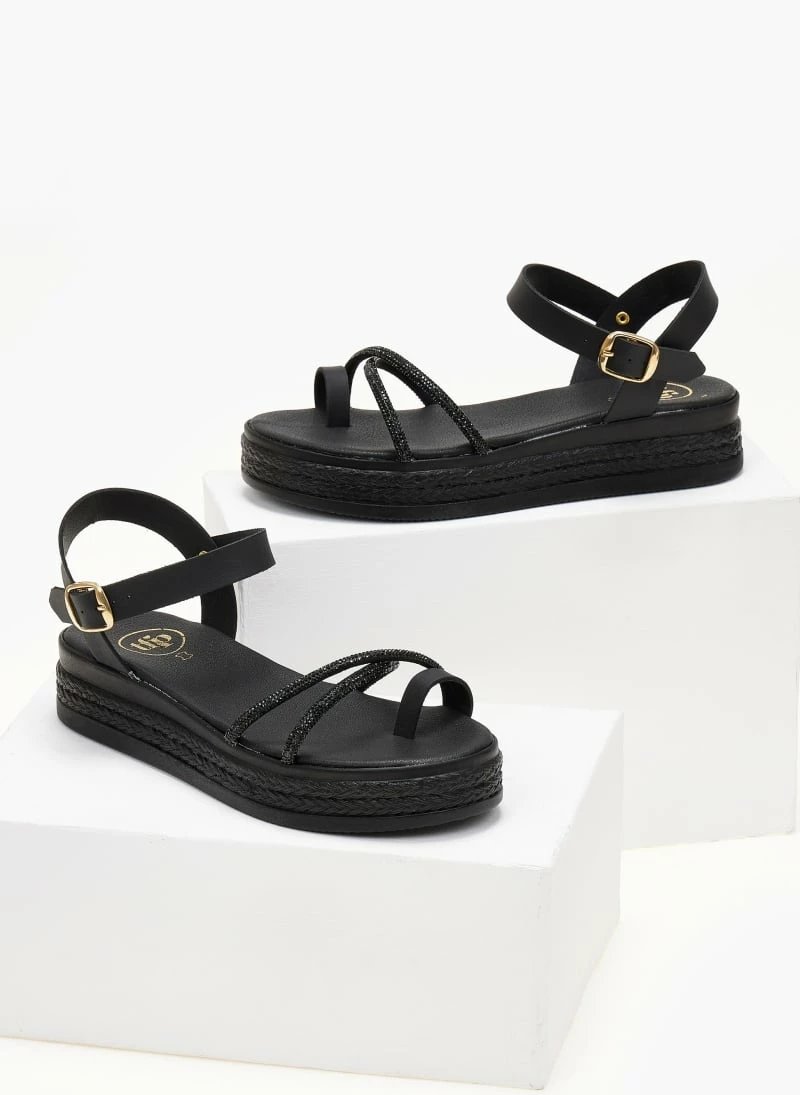 Καλύτερη πώληση 🤩 Best Pirce ❤️ The Fashion Project Flatforms δερμάτινα TFP με Strass χιαστί λουράκια - Μαύρο 🥰 🔔 - Image 4