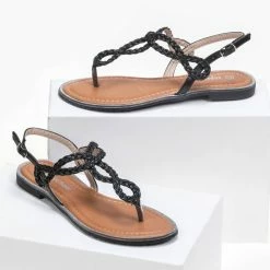 Εξοδος 🤩 Νέος 🤩 The Fashion Project Πέδιλα ίσια με κοτσιδάκια - Μαύρο 🔥 👏