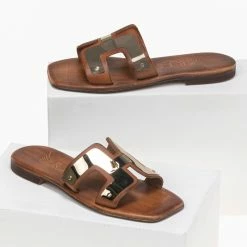 Προώθηση 🎁 Αγορά 🛒 IRIS Πέδιλα καρέ δερμάτινα με ανοίγματα - Καφέ 👏 ⭐