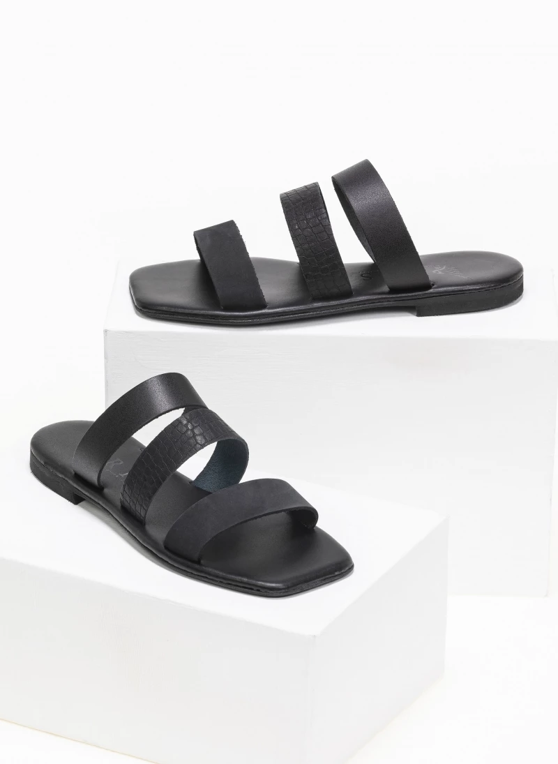 Best Pirce 👍 Προώθηση 🔔 IRIS Σανδάλια καρέ δερμάτινα με φάσα κροκό - Μαύρο ✔️ ✨