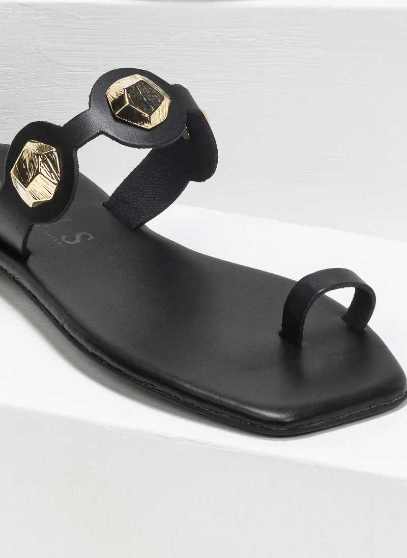 Τοπ 10 🎉 Best Pirce 😍 IRIS Σανδάλια δερμάτινα καρέ με πολύγωνο μεταλλικό στοιχείο - Μαύρο 😉 ❤️ - Image 2