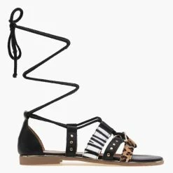 Αγορά 👏 Εκπτωση 🔥 The Fashion Project Πέδιλα Lace Up με Animal Print σχέδιο - Μαύρο 👏 🛒