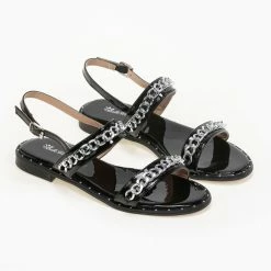 Προϋπολογισμός 🌟 Συμφωνίες 👏 The Fashion Project Πέδιλα λουστρίνι φλατ με αλυσίδα - Μαύρο 🌟 🧨