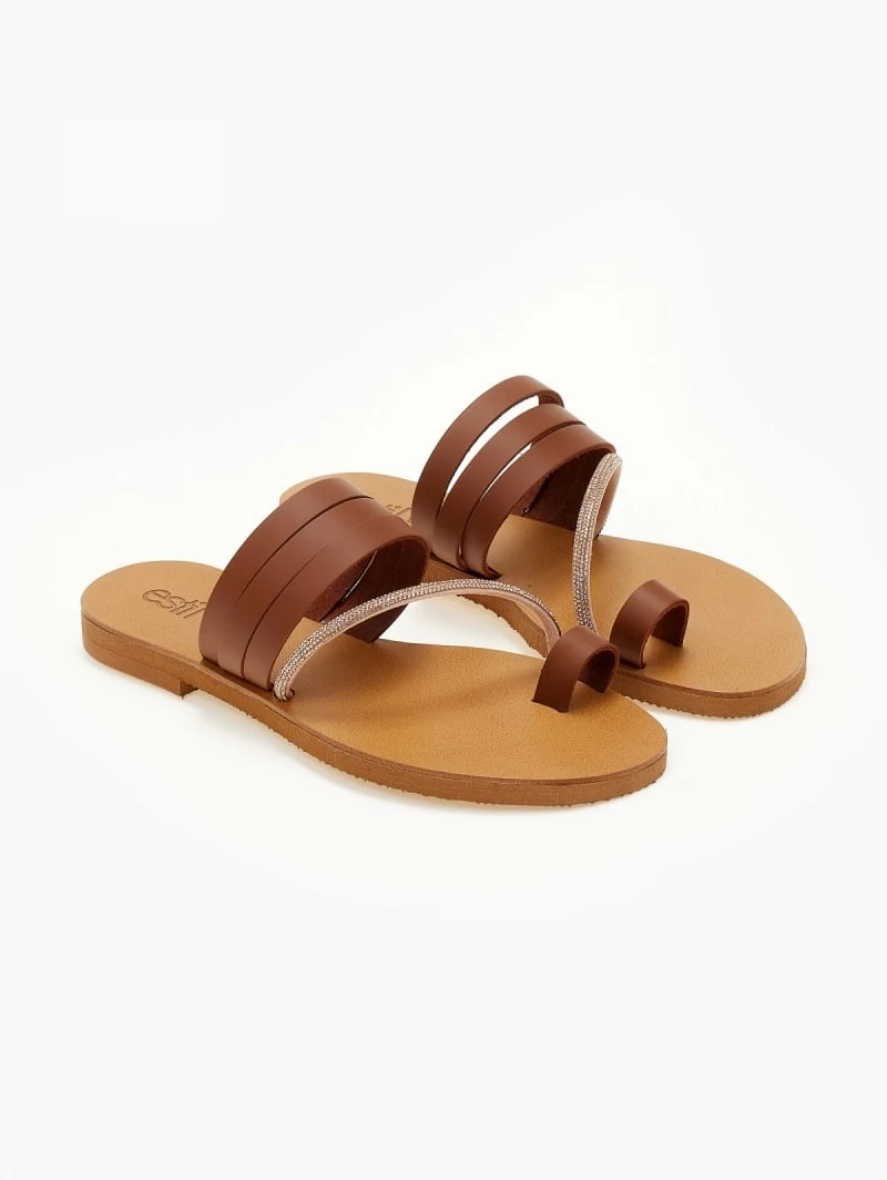 Αγορά 👏 Ολοκαίνουργιο 😀 Σανδάλια δερμάτινα ESTIL με λοξό Strass λουράκι - Ταμπά ✨ 🌟 - Image 2