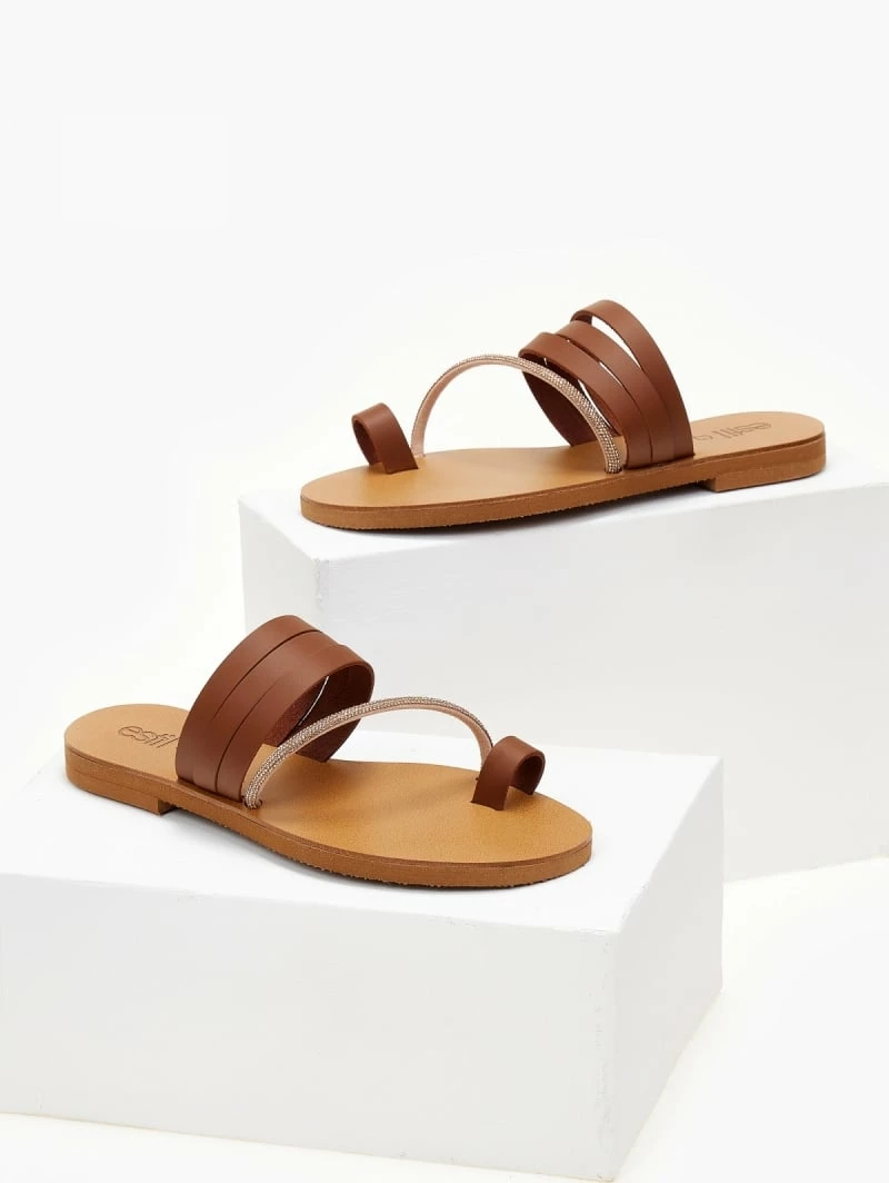 Αγορά 👏 Ολοκαίνουργιο 😀 Σανδάλια δερμάτινα ESTIL με λοξό Strass λουράκι - Ταμπά ✨ 🌟 - Image 3