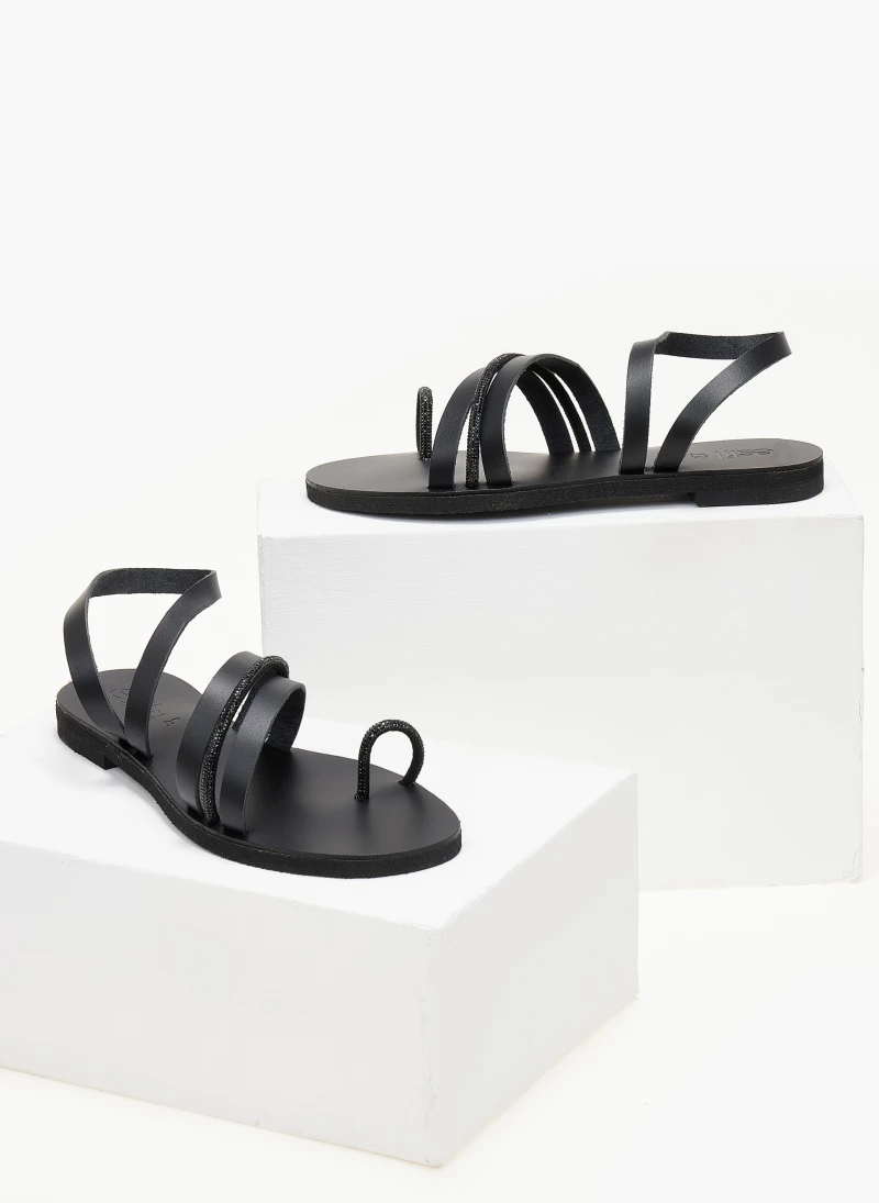 Το φθηνότερο 🧨 Εκπτωση 😀 Σανδάλια δερμάτινα ESTIL με Strass λεπτομέρεια - Μαύρο 🧨 ✔️ - Image 2