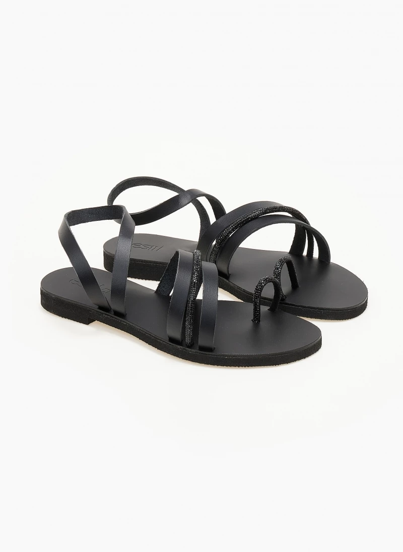 Το φθηνότερο 🧨 Εκπτωση 😀 Σανδάλια δερμάτινα ESTIL με Strass λεπτομέρεια - Μαύρο 🧨 ✔️ - Image 3
