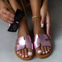 Το φθηνότερο ✨ Αγορά 🧨 Σανδάλια δερμάτινα ESTIL σε μεταλλικά χρώματα - Ροζ ⌛ 🔔