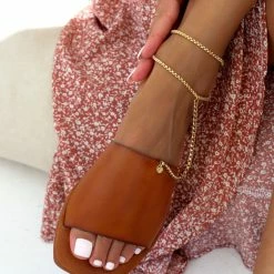 Εκπτωση ❤️ Flash Sale 💯 Σανδάλια δερμάτινα IRIS με Anklet αλυσίδα - Ταμπά ❤️ 👍