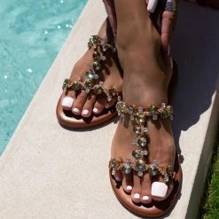 Best Pirce 🌟 Εξοδος 👍 Σανδάλια δερμάτινα IRIS με πέτρες - Ταμπά ✨ 🧨