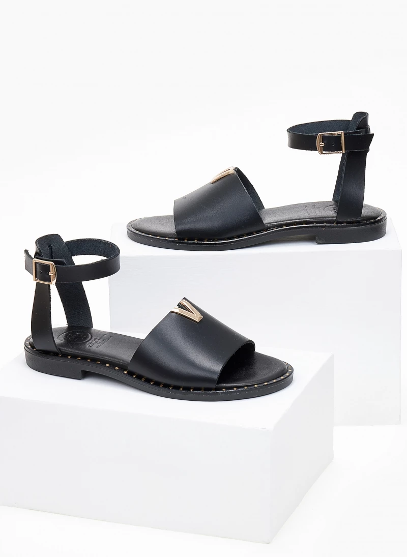 Ολοκαίνουργιο ⭐ Flash Sale ⌛ Σανδάλια δερμάτινα TFP με χρυσή λεπτομέρεια - Μαύρο 👏 🔔 - Image 3