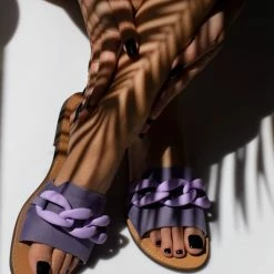 Εκπτωση ⌛ Εξοδος 😍 Σανδάλια Nubuck Estil με ματ κοκάλινη αλυσίδα - Λιλά 👏 🎁